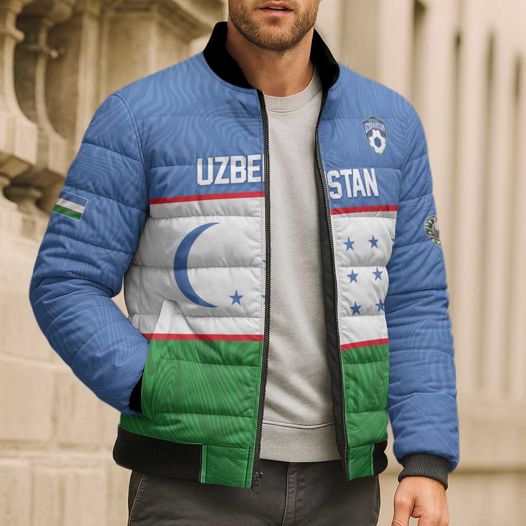 Uzbekistan Football Custom Bomber Puffer Jacket Come On White Wolves Flag Style - Wonder Print Shop