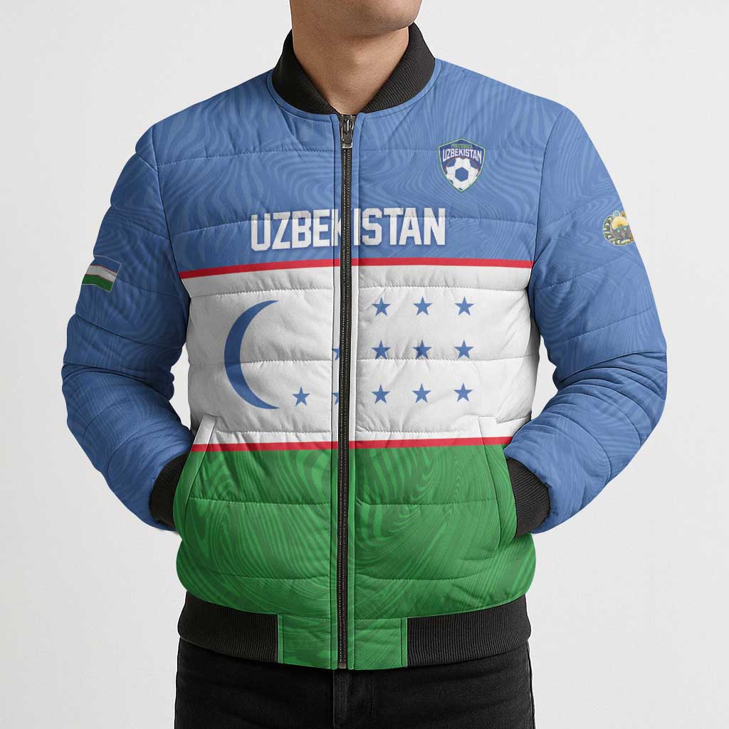 Uzbekistan Football Custom Bomber Puffer Jacket Come On White Wolves Flag Style - Wonder Print Shop