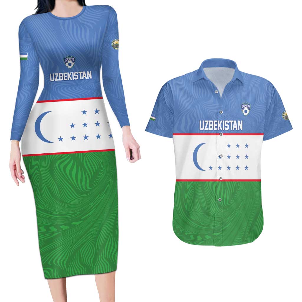 Uzbekistan Football Custom Couples Matching Long Sleeve Bodycon Dress and Hawaiian Shirt Come On White Wolves Flag Style - Wonder Print Shop