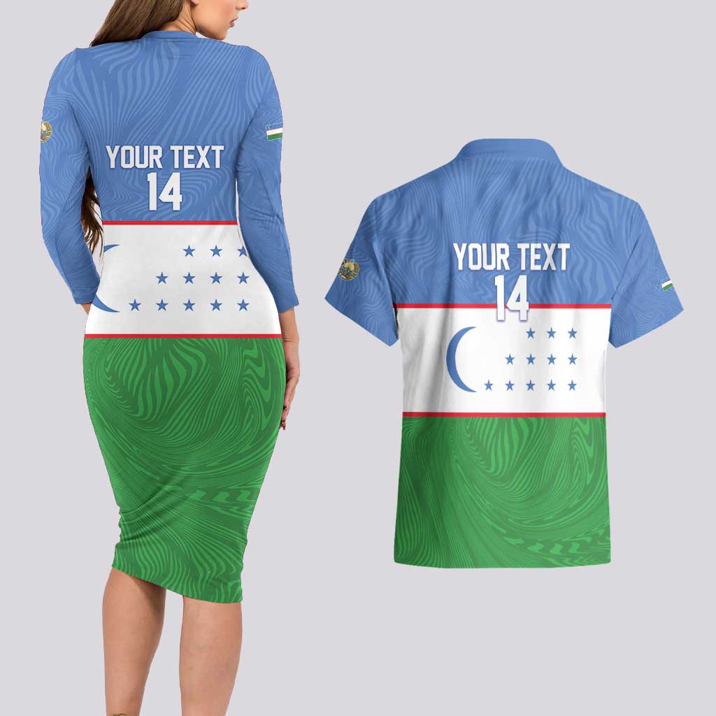 Uzbekistan Football Custom Couples Matching Long Sleeve Bodycon Dress and Hawaiian Shirt Come On White Wolves Flag Style - Wonder Print Shop