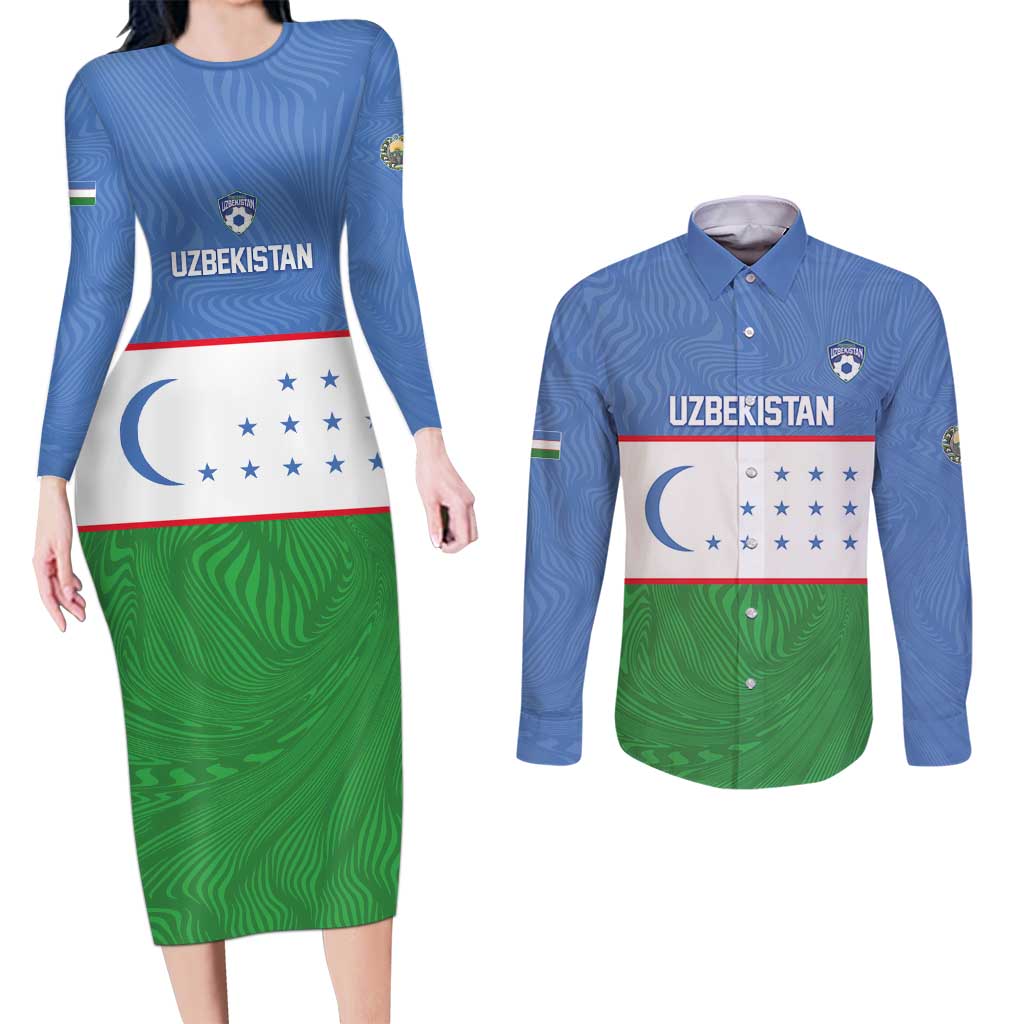 Uzbekistan Football Custom Couples Matching Long Sleeve Bodycon Dress and Long Sleeve Button Shirt Come On White Wolves Flag Style - Wonder Print Shop