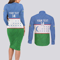 Uzbekistan Football Custom Couples Matching Long Sleeve Bodycon Dress and Long Sleeve Button Shirt Come On White Wolves Flag Style - Wonder Print Shop