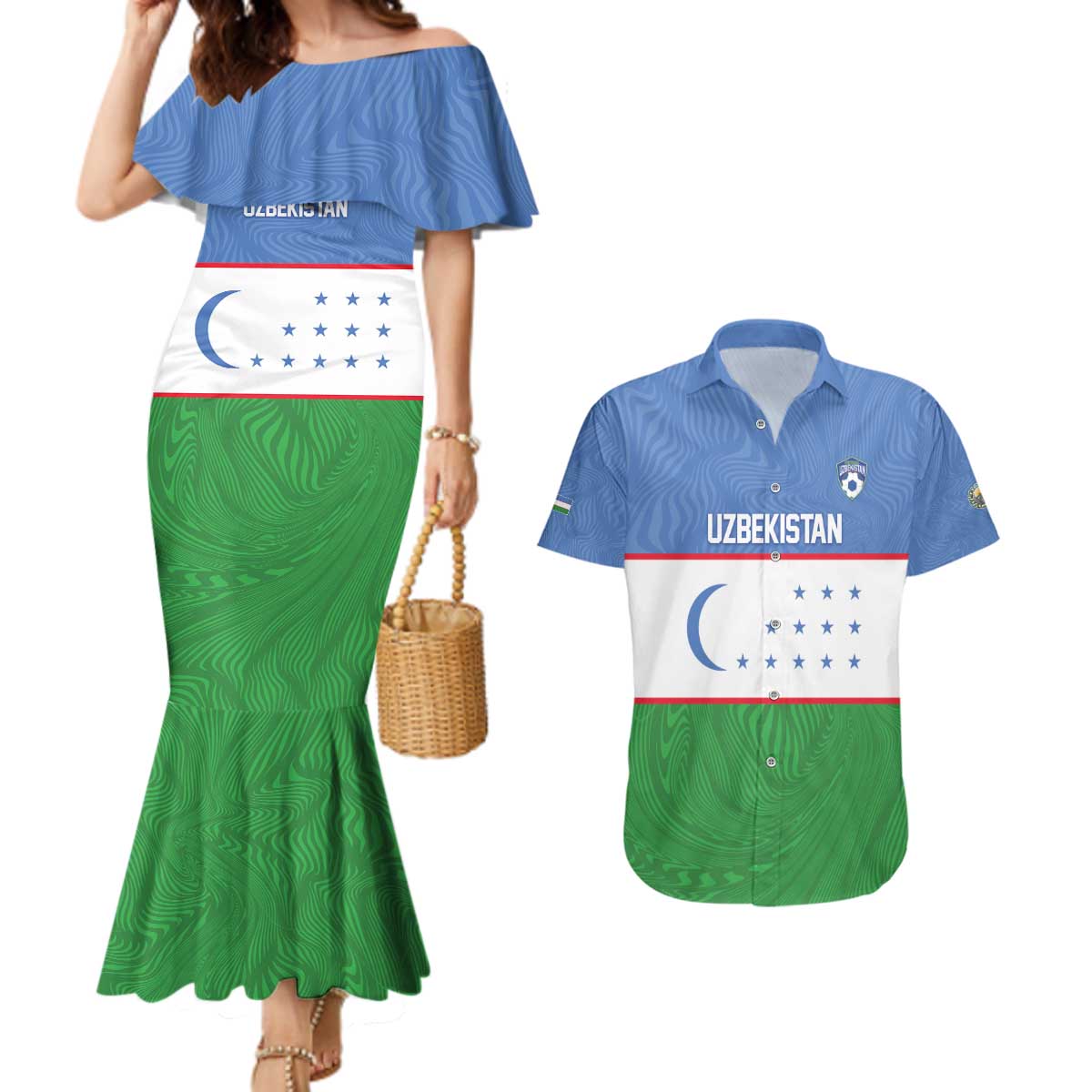 Uzbekistan Football Custom Couples Matching Mermaid Dress and Hawaiian Shirt Come On White Wolves Flag Style - Wonder Print Shop