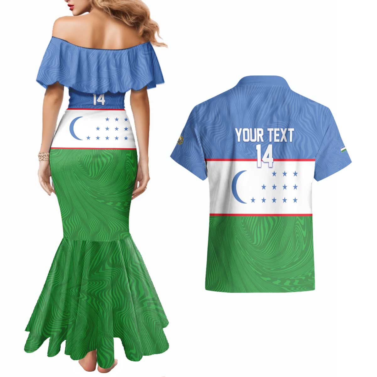 Uzbekistan Football Custom Couples Matching Mermaid Dress and Hawaiian Shirt Come On White Wolves Flag Style - Wonder Print Shop