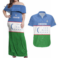 Uzbekistan Football Custom Couples Matching Off Shoulder Maxi Dress and Hawaiian Shirt Come On White Wolves Flag Style - Wonder Print Shop