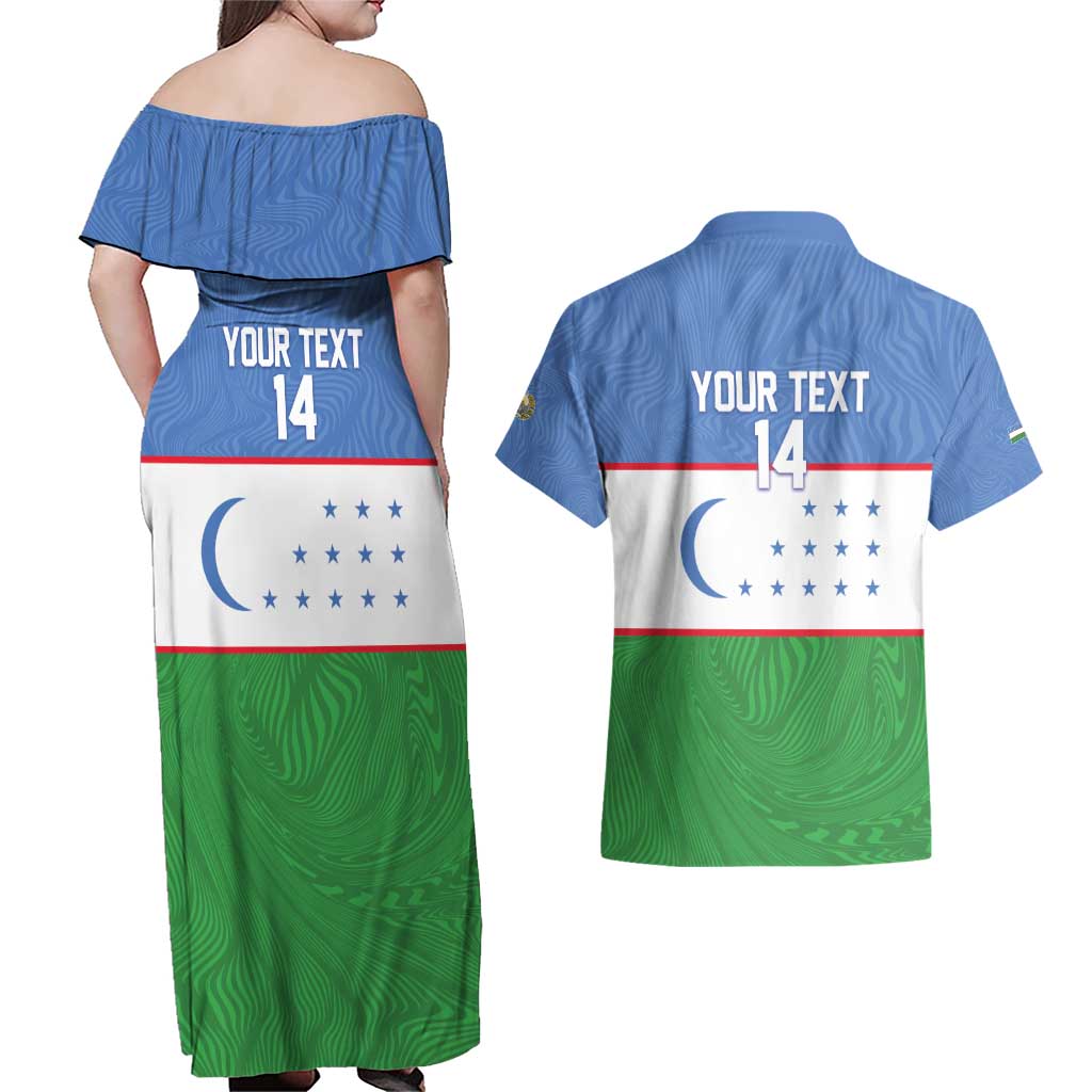 Uzbekistan Football Custom Couples Matching Off Shoulder Maxi Dress and Hawaiian Shirt Come On White Wolves Flag Style - Wonder Print Shop