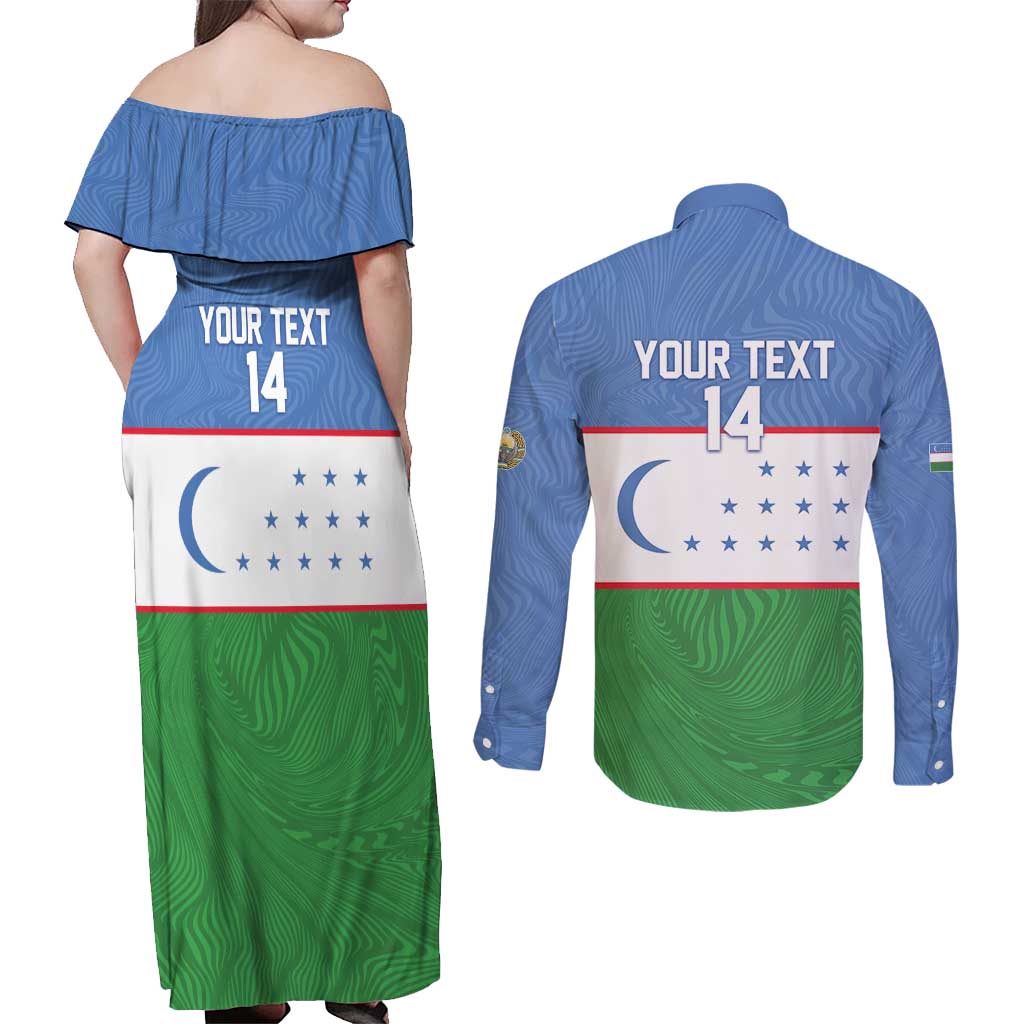 Uzbekistan Football Custom Couples Matching Off Shoulder Maxi Dress and Long Sleeve Button Shirt Come On White Wolves Flag Style - Wonder Print Shop