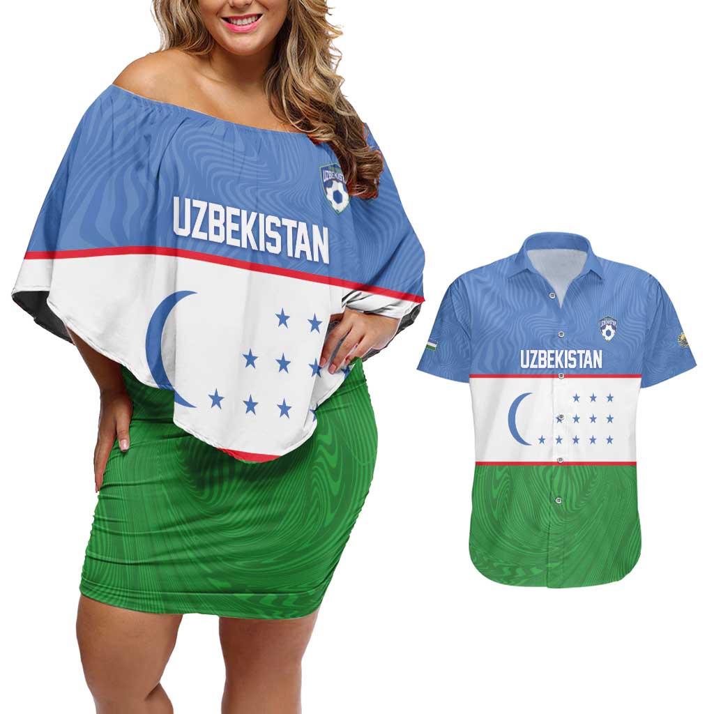 Uzbekistan Football Custom Couples Matching Off Shoulder Short Dress and Hawaiian Shirt Come On White Wolves Flag Style - Wonder Print Shop