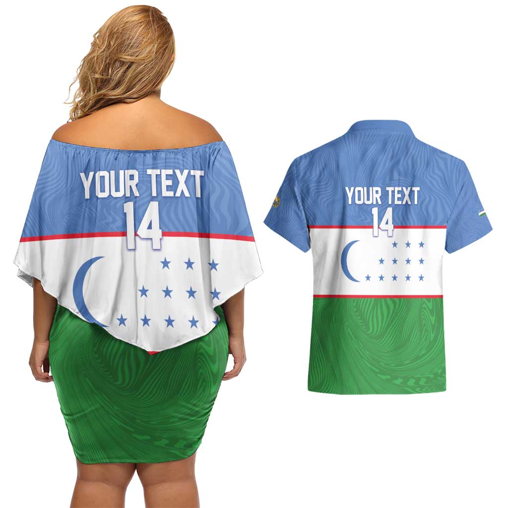 Uzbekistan Football Custom Couples Matching Off Shoulder Short Dress and Hawaiian Shirt Come On White Wolves Flag Style - Wonder Print Shop