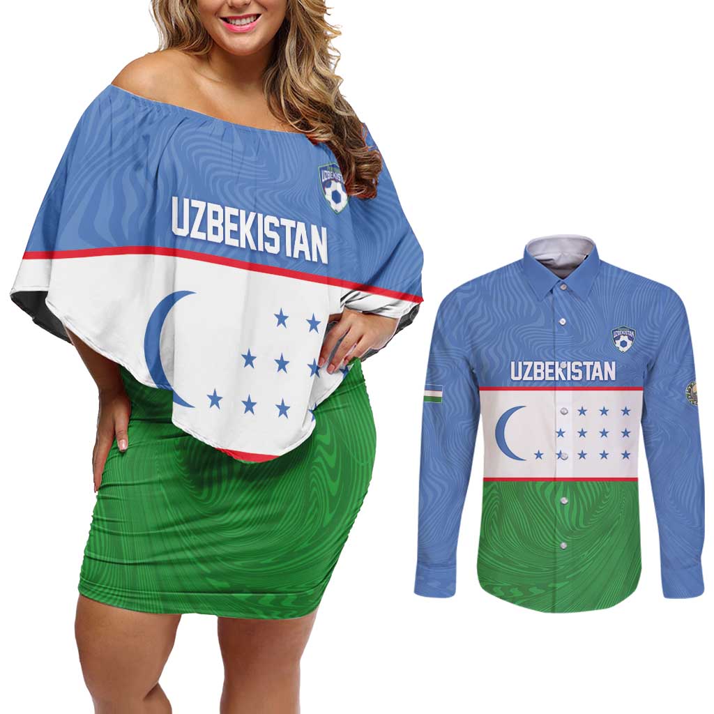 Uzbekistan Football Custom Couples Matching Off Shoulder Short Dress and Long Sleeve Button Shirt Come On White Wolves Flag Style - Wonder Print Shop