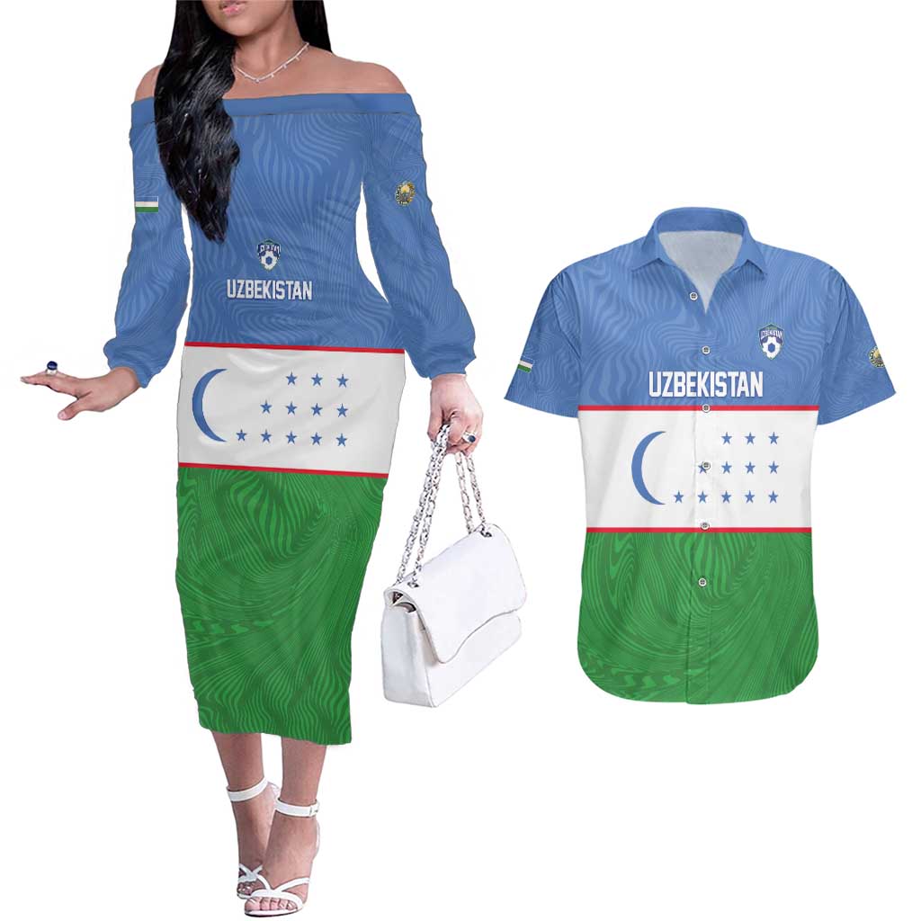 Uzbekistan Football Custom Couples Matching Off The Shoulder Long Sleeve Dress and Hawaiian Shirt Come On White Wolves Flag Style - Wonder Print Shop