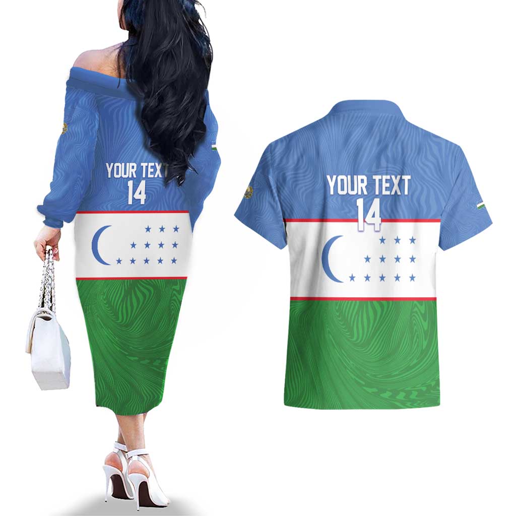 Uzbekistan Football Custom Couples Matching Off The Shoulder Long Sleeve Dress and Hawaiian Shirt Come On White Wolves Flag Style - Wonder Print Shop