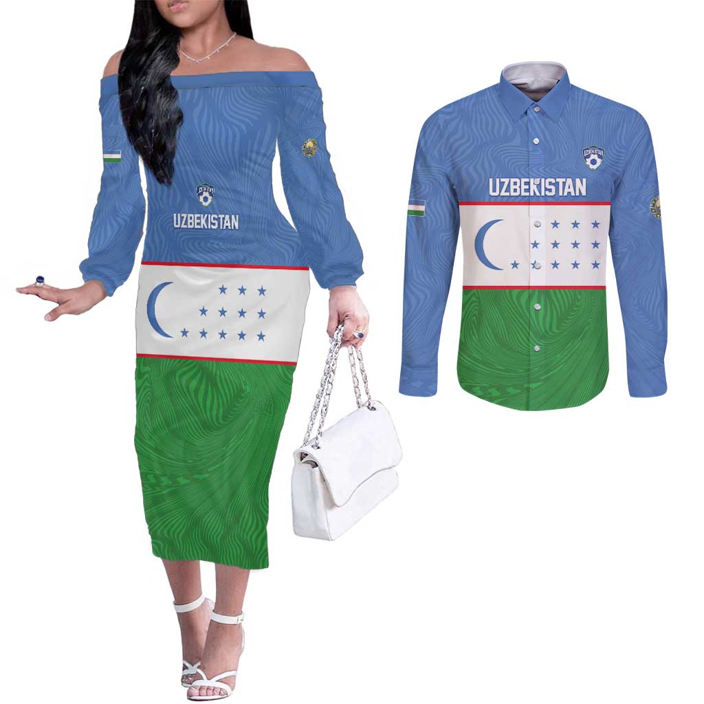 Uzbekistan Football Custom Couples Matching Off The Shoulder Long Sleeve Dress and Long Sleeve Button Shirt Come On White Wolves Flag Style - Wonder Print Shop