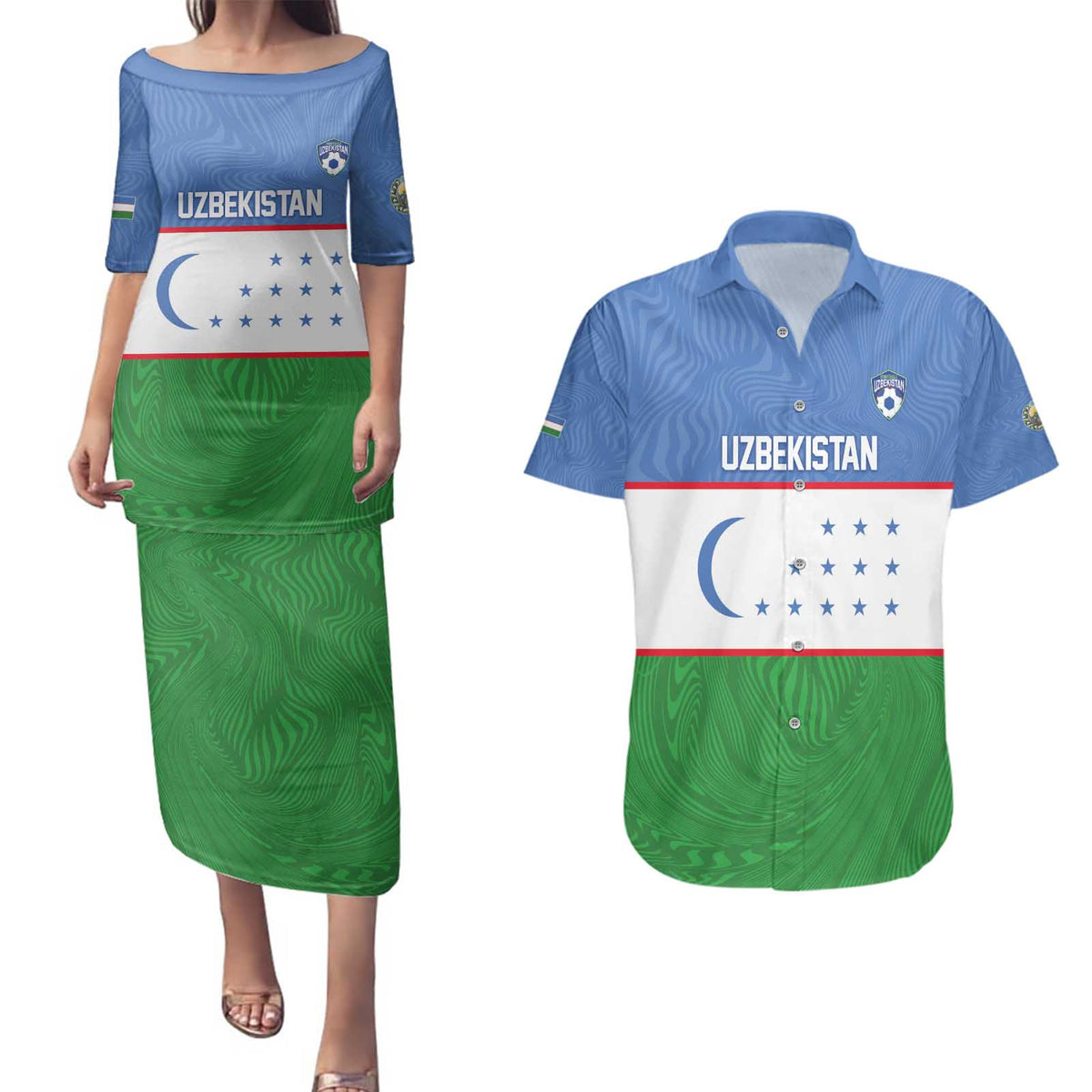 Uzbekistan Football Custom Couples Matching Puletasi and Hawaiian Shirt Come On White Wolves Flag Style - Wonder Print Shop