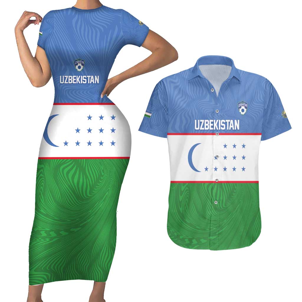 Uzbekistan Football Custom Couples Matching Short Sleeve Bodycon Dress and Hawaiian Shirt Come On White Wolves Flag Style - Wonder Print Shop