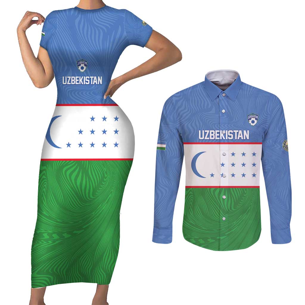 Uzbekistan Football Custom Couples Matching Short Sleeve Bodycon Dress and Long Sleeve Button Shirt Come On White Wolves Flag Style - Wonder Print Shop