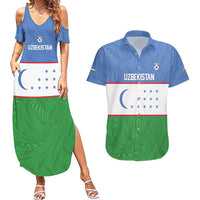 Uzbekistan Football Custom Couples Matching Summer Maxi Dress and Hawaiian Shirt Come On White Wolves Flag Style - Wonder Print Shop