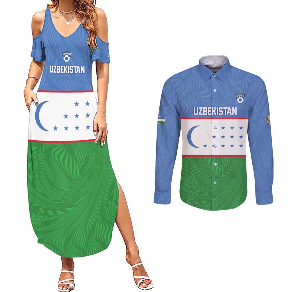 Uzbekistan Football Custom Couples Matching Summer Maxi Dress and Long Sleeve Button Shirt Come On White Wolves Flag Style - Wonder Print Shop