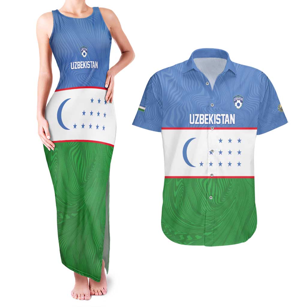 Uzbekistan Football Custom Couples Matching Tank Maxi Dress and Hawaiian Shirt Come On White Wolves Flag Style - Wonder Print Shop