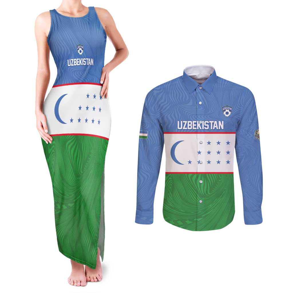 Uzbekistan Football Custom Couples Matching Tank Maxi Dress and Long Sleeve Button Shirt Come On White Wolves Flag Style - Wonder Print Shop