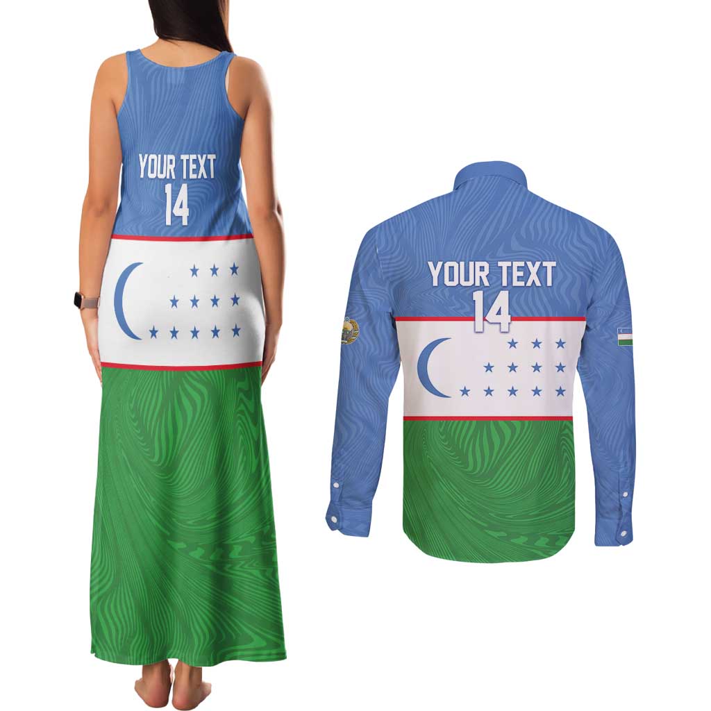 Uzbekistan Football Custom Couples Matching Tank Maxi Dress and Long Sleeve Button Shirt Come On White Wolves Flag Style - Wonder Print Shop