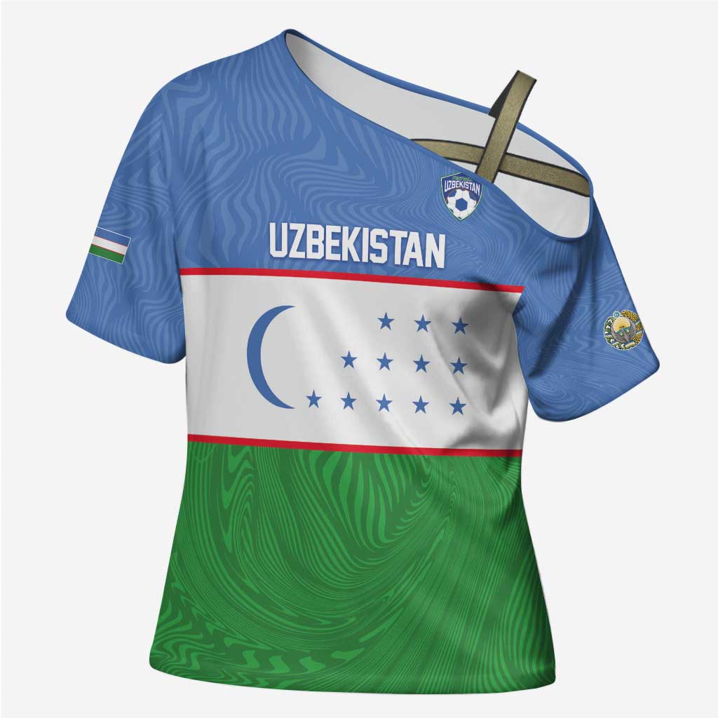 Uzbekistan Football Custom Cross Shoulder Shirt Come On White Wolves Flag Style - Wonder Print Shop