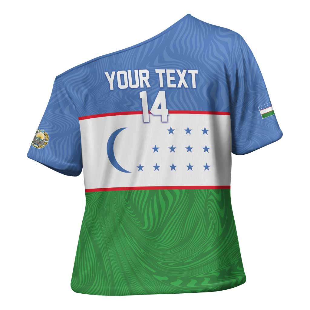 Uzbekistan Football Custom Cross Shoulder Shirt Come On White Wolves Flag Style - Wonder Print Shop