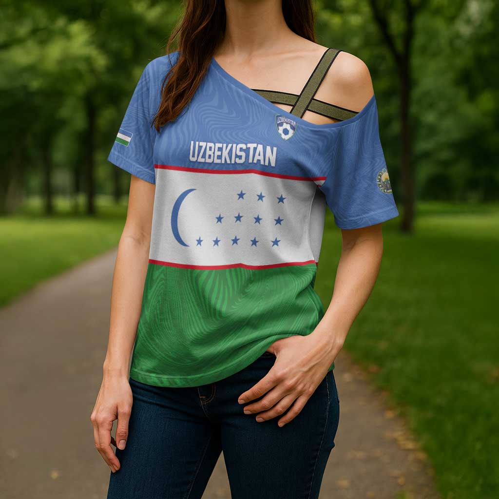 Uzbekistan Football Custom Cross Shoulder Shirt Come On White Wolves Flag Style - Wonder Print Shop