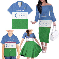 Uzbekistan Football Custom Family Matching Off The Shoulder Long Sleeve Dress and Hawaiian Shirt Come On White Wolves Flag Style - Wonder Print Shop