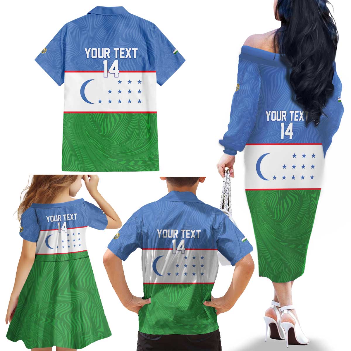 Uzbekistan Football Custom Family Matching Off The Shoulder Long Sleeve Dress and Hawaiian Shirt Come On White Wolves Flag Style - Wonder Print Shop