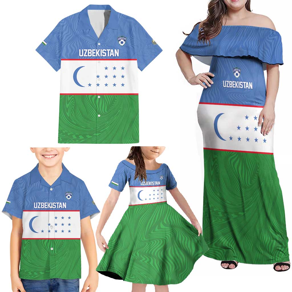 Uzbekistan Football Custom Family Matching Off Shoulder Maxi Dress and Hawaiian Shirt Come On White Wolves Flag Style - Wonder Print Shop