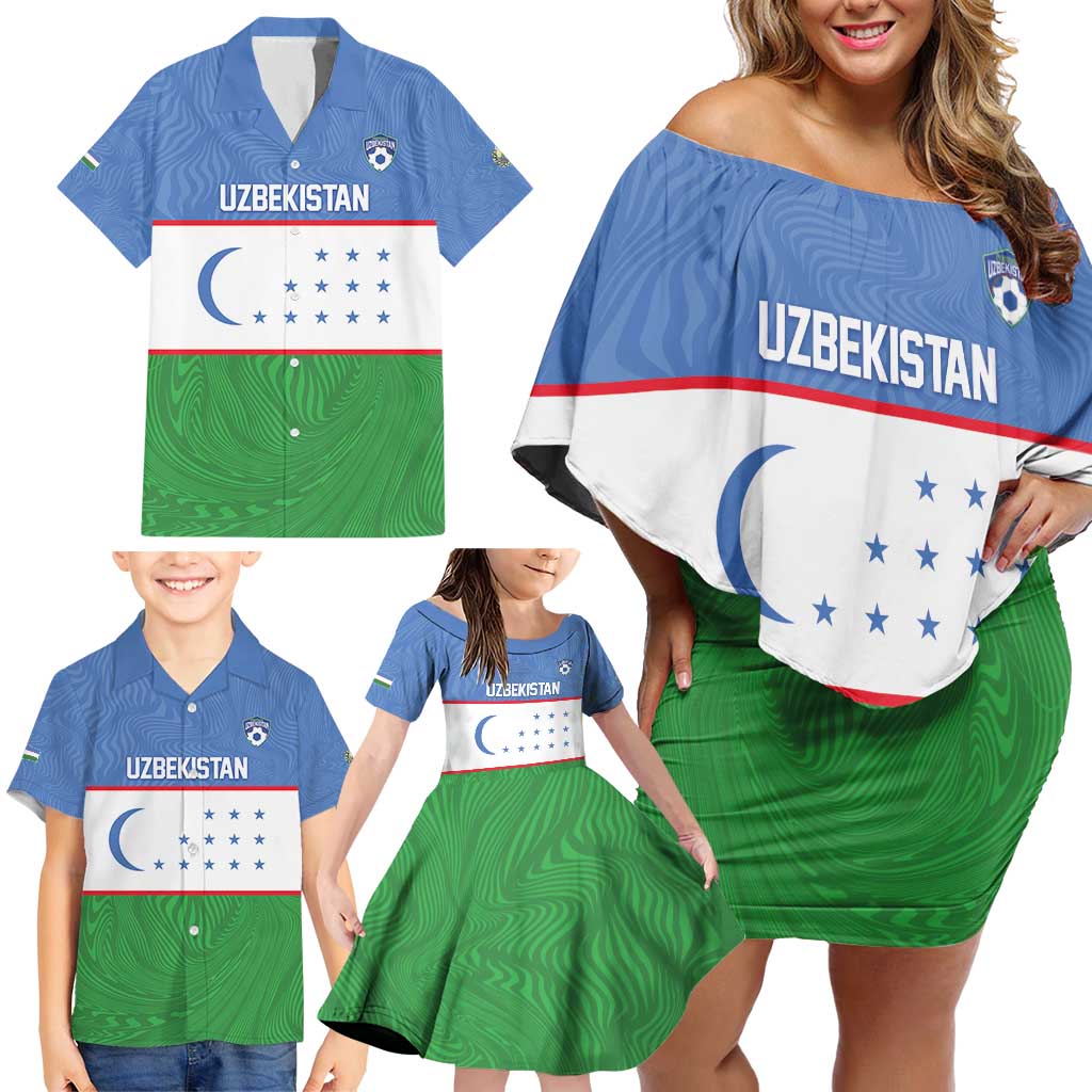 Uzbekistan Football Custom Family Matching Off Shoulder Short Dress and Hawaiian Shirt Come On White Wolves Flag Style - Wonder Print Shop