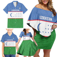 Uzbekistan Football Custom Family Matching Off Shoulder Short Dress and Hawaiian Shirt Come On White Wolves Flag Style - Wonder Print Shop