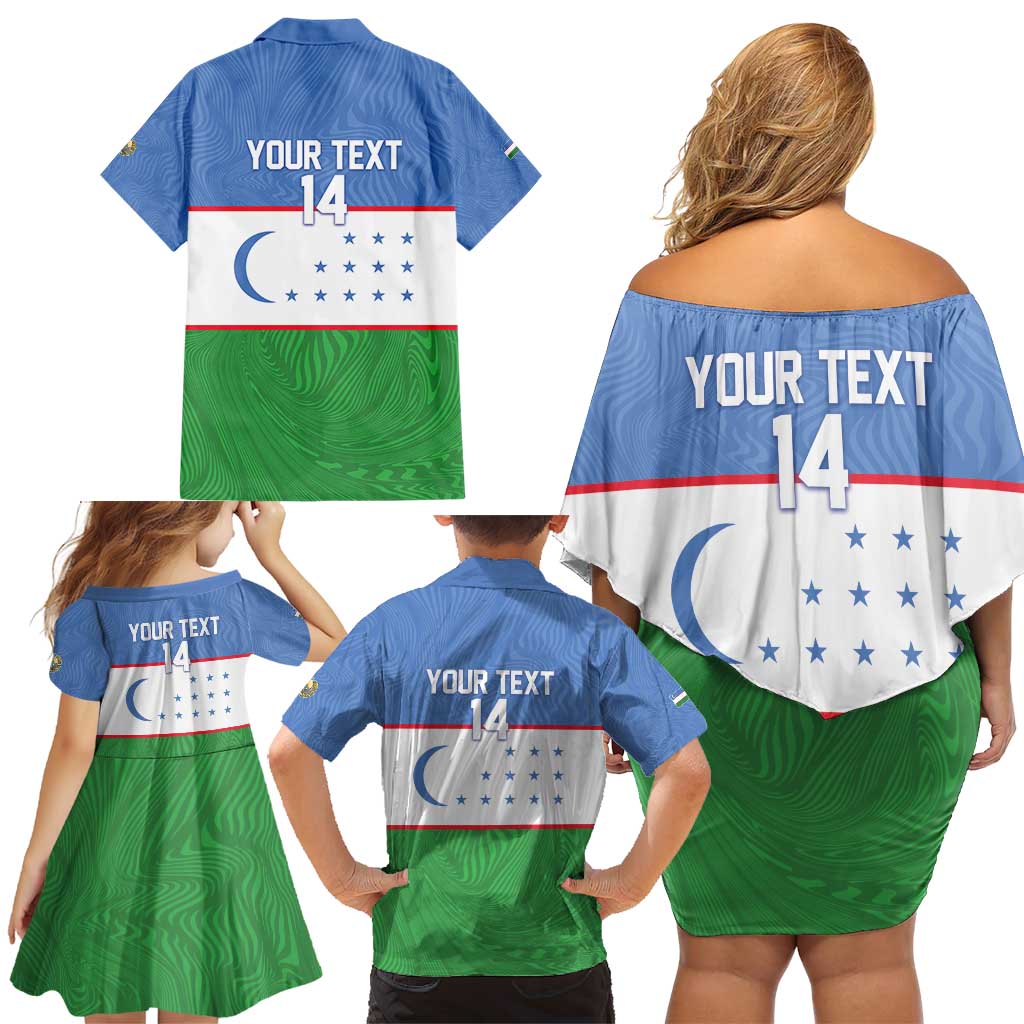 Uzbekistan Football Custom Family Matching Off Shoulder Short Dress and Hawaiian Shirt Come On White Wolves Flag Style - Wonder Print Shop