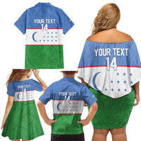 Uzbekistan Football Custom Family Matching Off Shoulder Short Dress and Hawaiian Shirt Come On White Wolves Flag Style - Wonder Print Shop