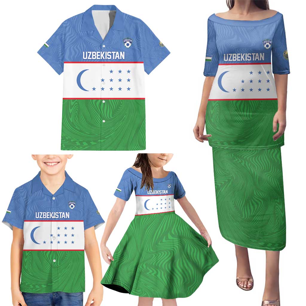 Uzbekistan Football Custom Family Matching Puletasi and Hawaiian Shirt Come On White Wolves Flag Style - Wonder Print Shop