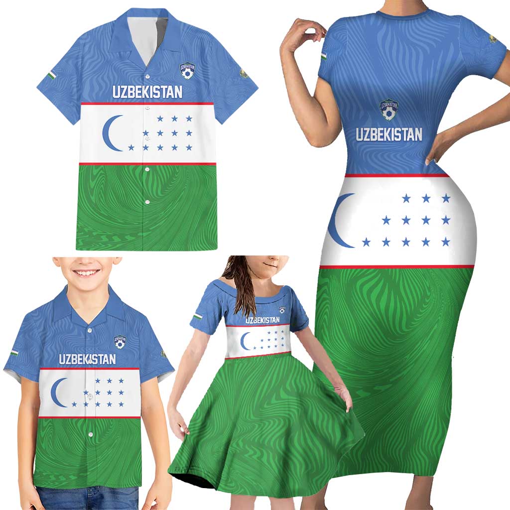 Uzbekistan Football Custom Family Matching Short Sleeve Bodycon Dress and Hawaiian Shirt Come On White Wolves Flag Style - Wonder Print Shop