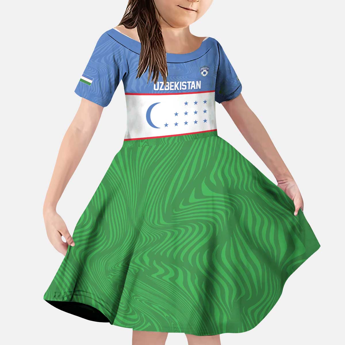 Uzbekistan Football Custom Kid Short Sleeve Dress Come On White Wolves Flag Style - Wonder Print Shop