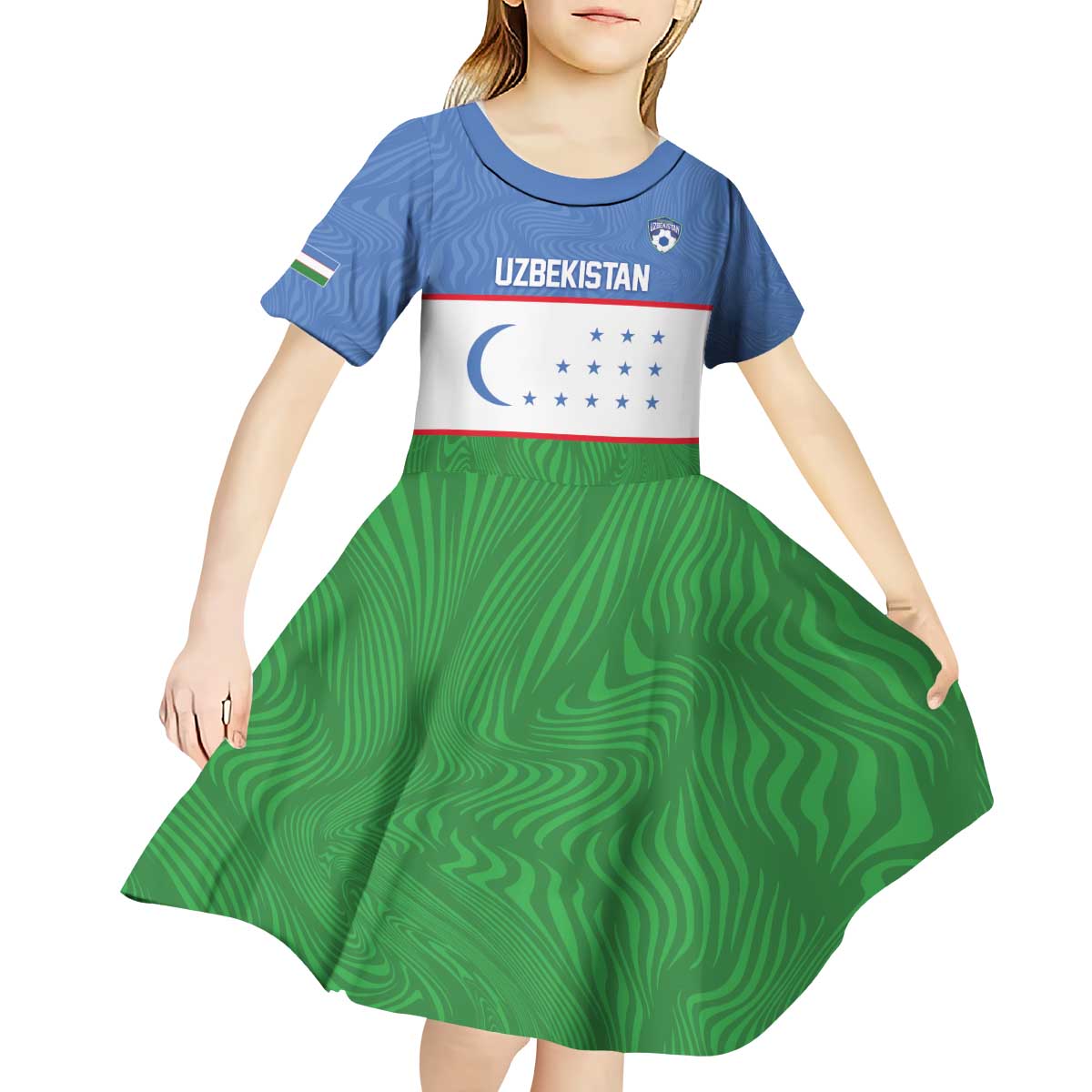Uzbekistan Football Custom Kid Short Sleeve Dress Come On White Wolves Flag Style - Wonder Print Shop