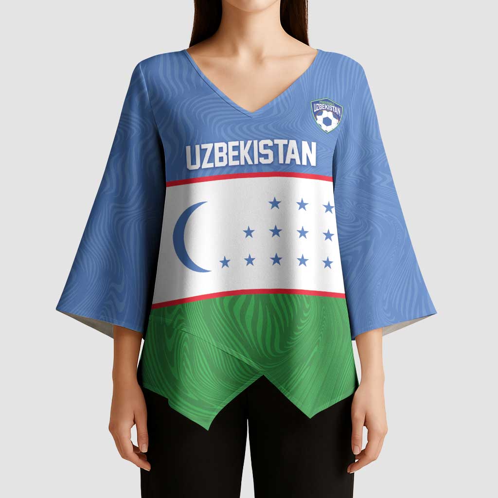Uzbekistan Football Custom Kimono Sleeve Blouse Come On White Wolves Flag Style - Wonder Print Shop