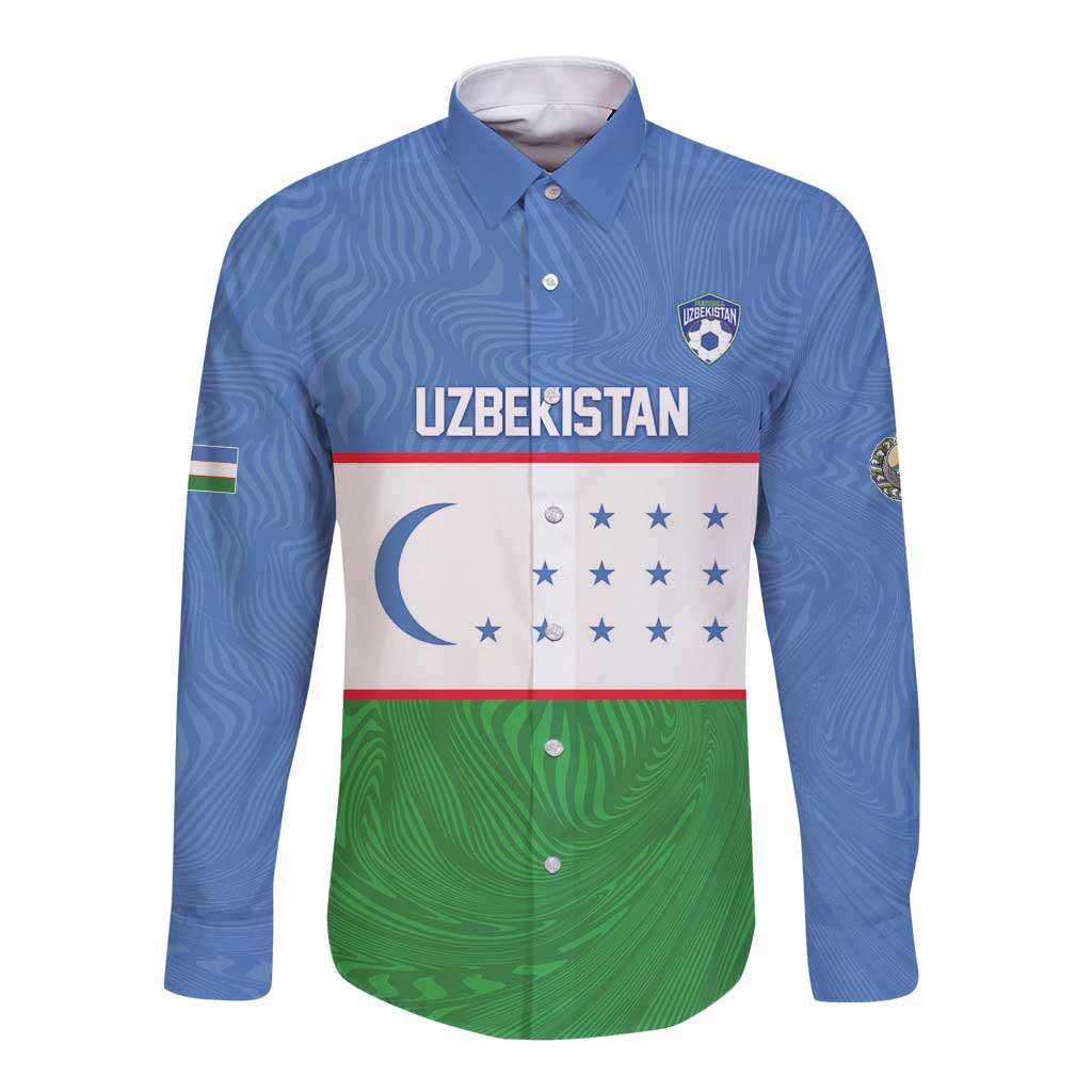 Uzbekistan Football Custom Long Sleeve Button Shirt Come On White Wolves Flag Style - Wonder Print Shop