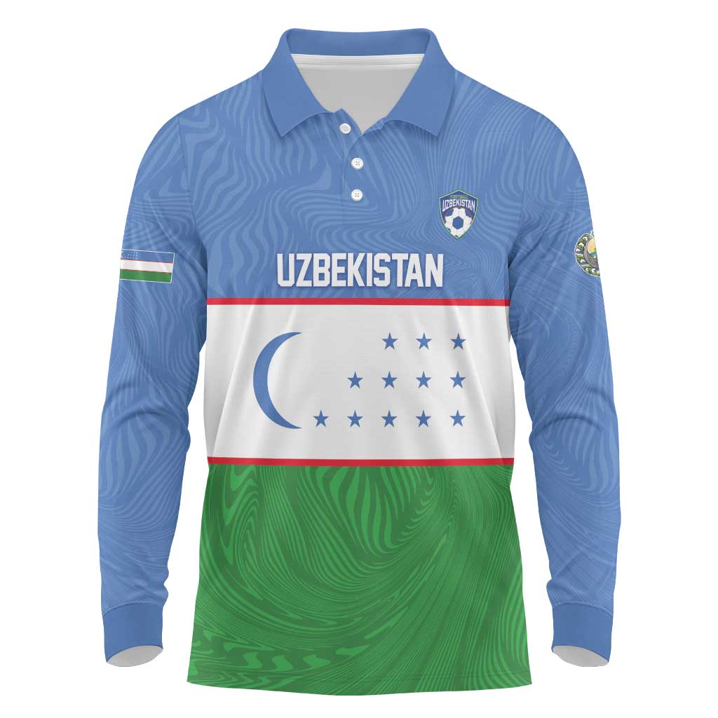 Uzbekistan Football Custom Long Sleeve Polo Shirt Come On White Wolves Flag Style - Wonder Print Shop