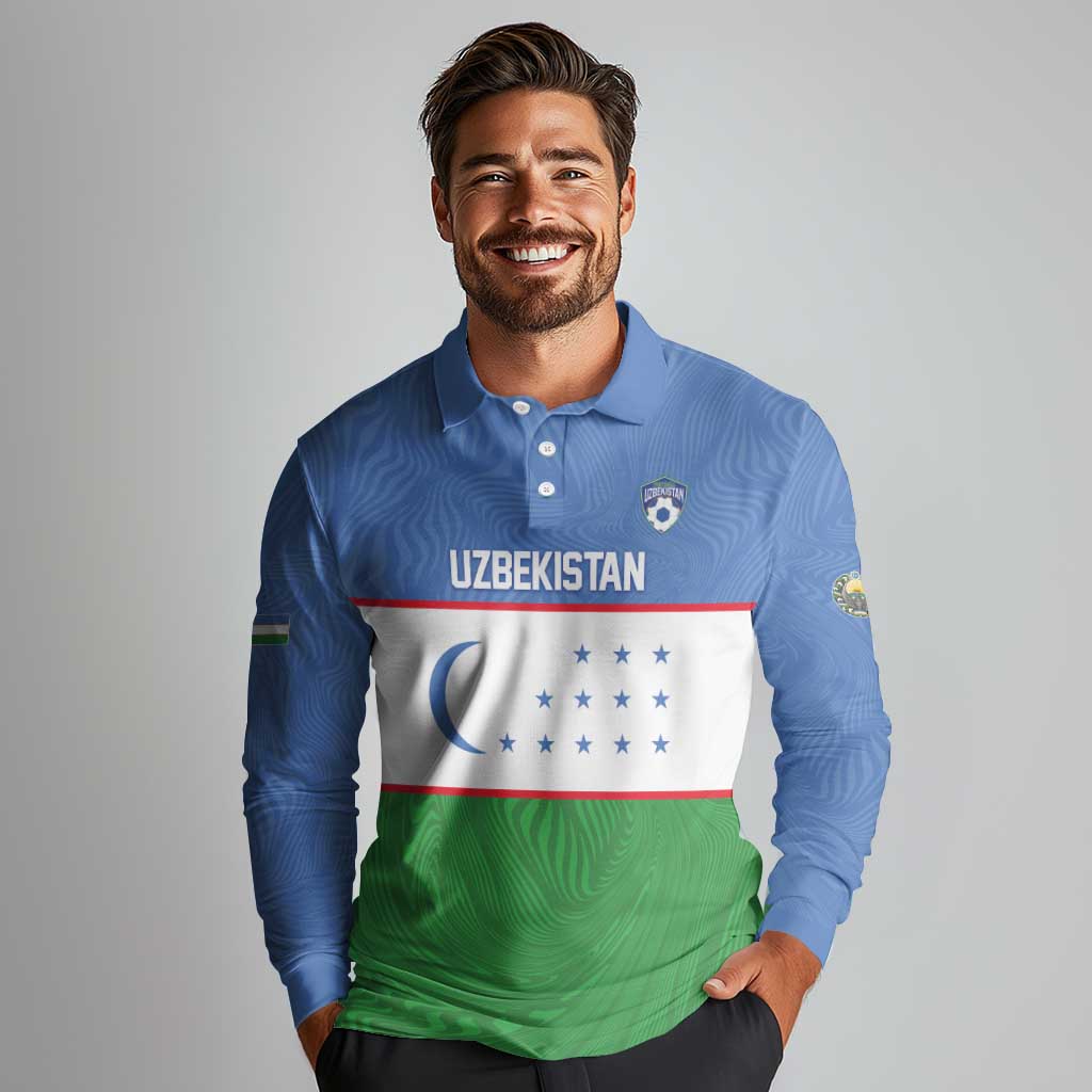 Uzbekistan Football Custom Long Sleeve Polo Shirt Come On White Wolves Flag Style - Wonder Print Shop