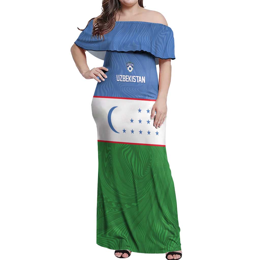 Uzbekistan Football Custom Off Shoulder Maxi Dress Come On White Wolves Flag Style - Wonder Print Shop