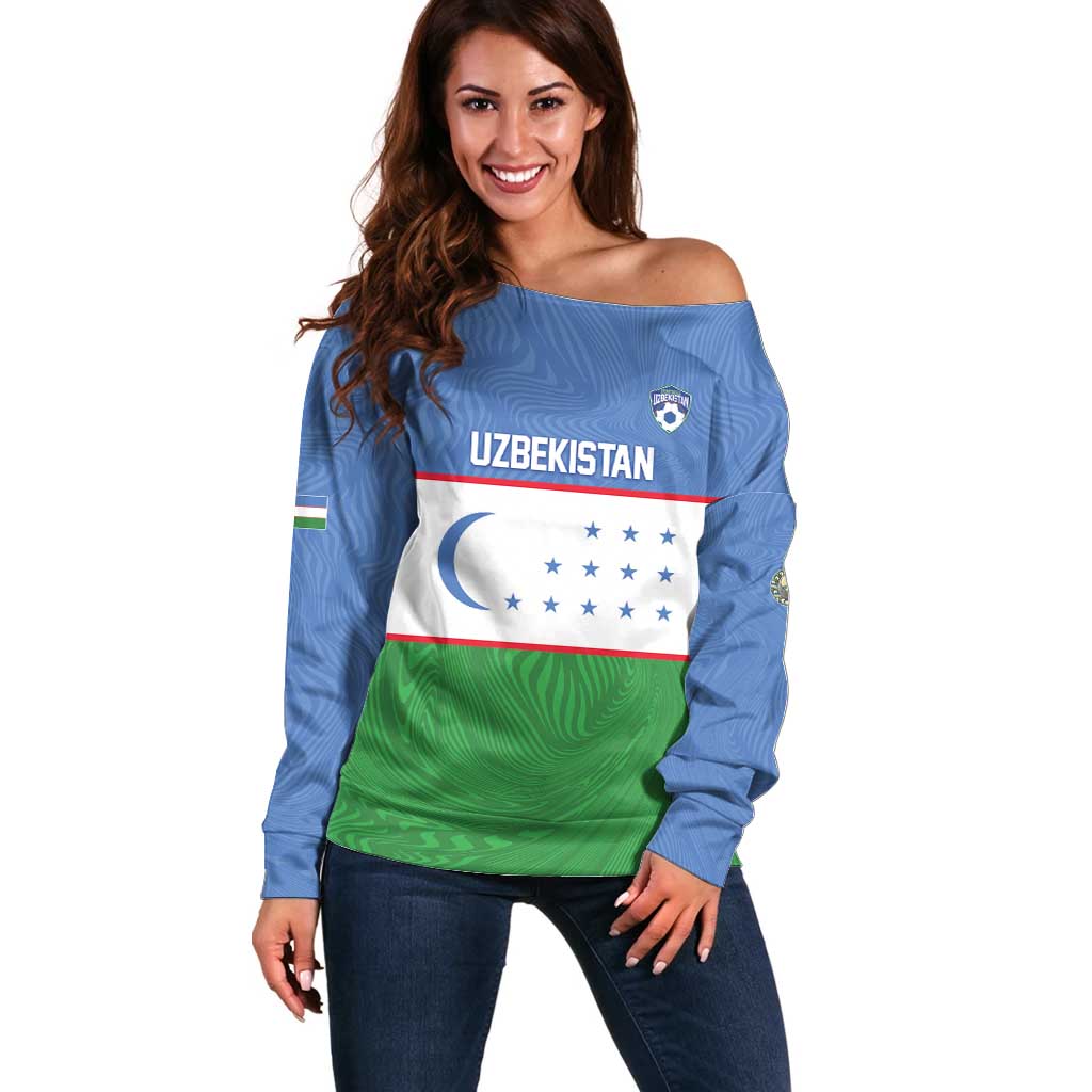Uzbekistan Football Custom Off Shoulder Sweater Come On White Wolves Flag Style - Wonder Print Shop