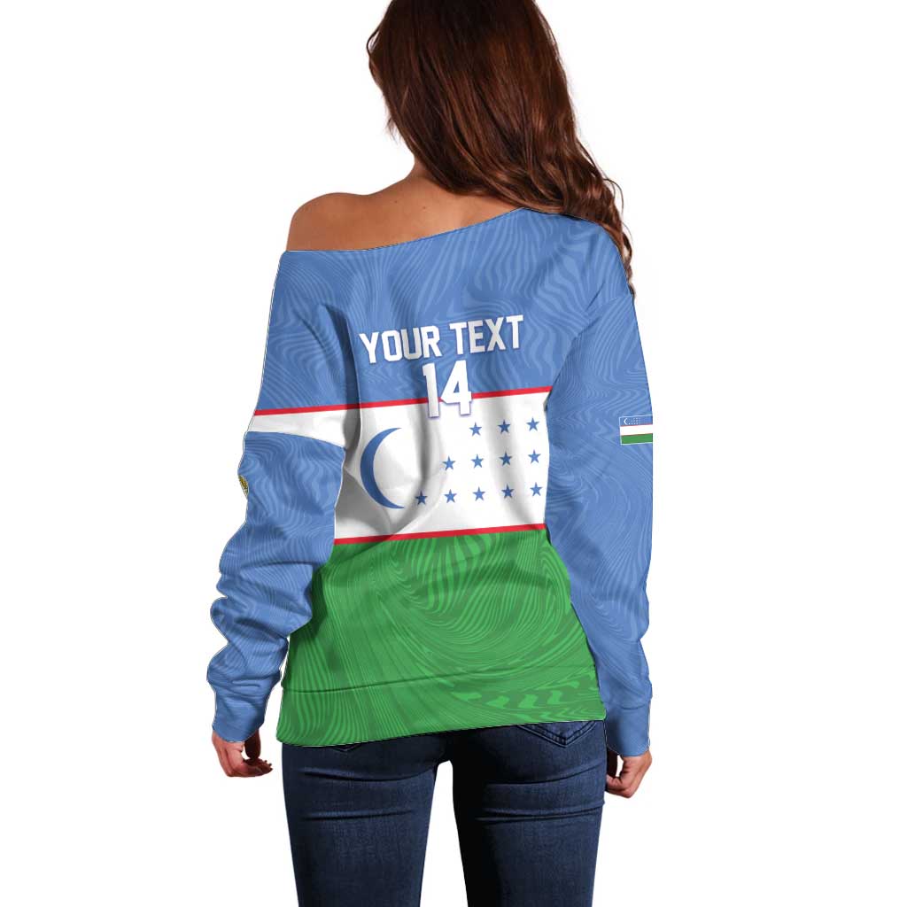Uzbekistan Football Custom Off Shoulder Sweater Come On White Wolves Flag Style - Wonder Print Shop