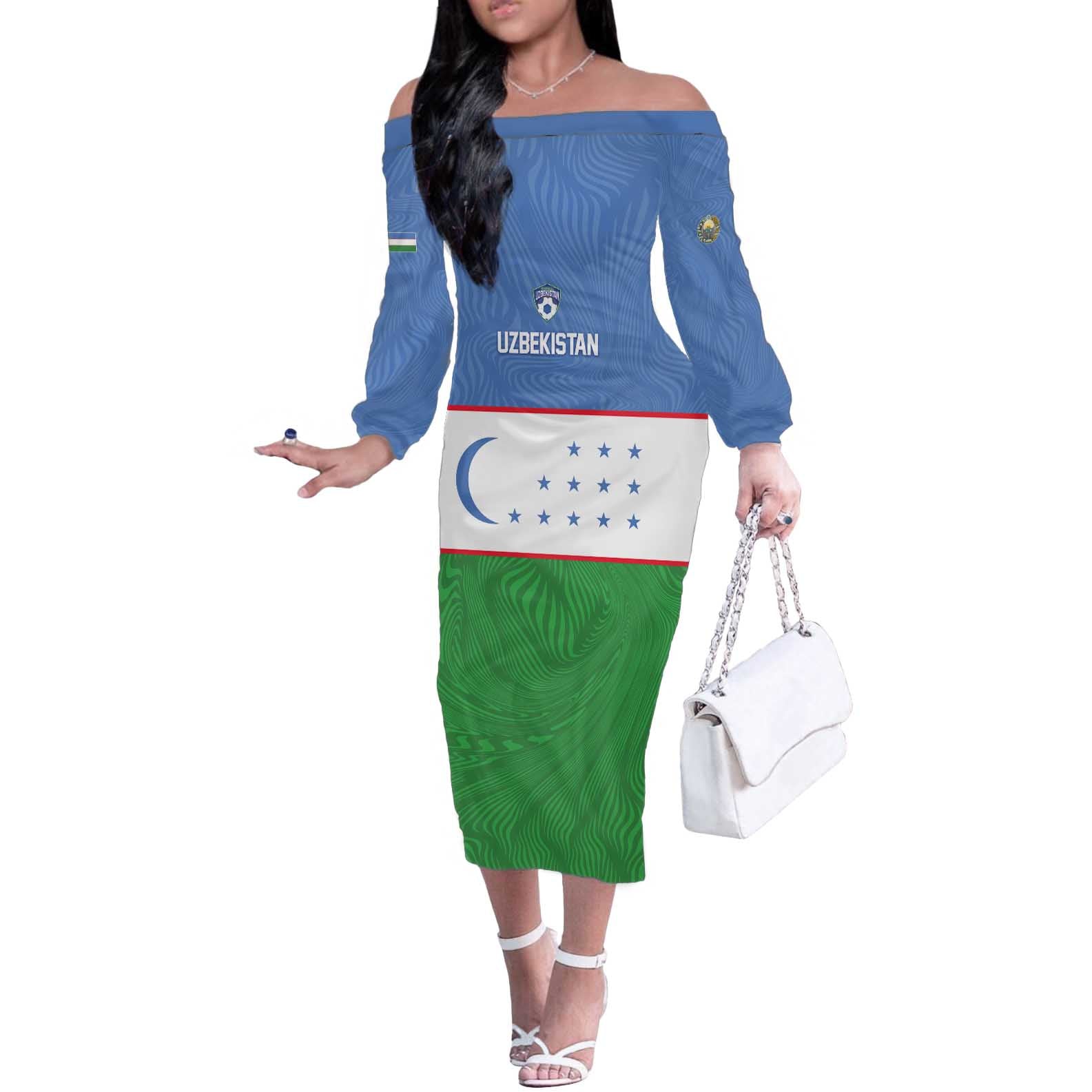 Uzbekistan Football Custom Off The Shoulder Long Sleeve Dress Come On White Wolves Flag Style - Wonder Print Shop
