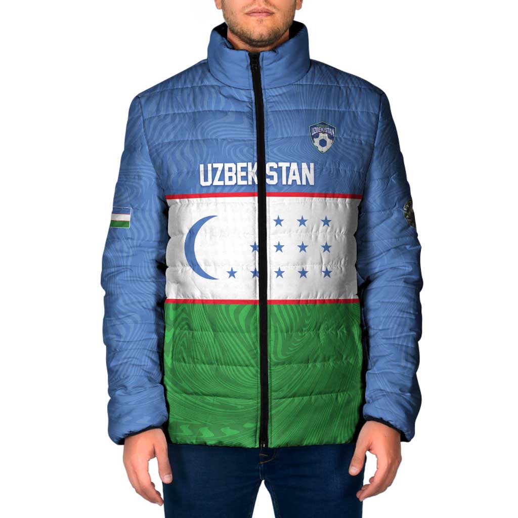 Uzbekistan Football Custom Padded Jacket Come On White Wolves Flag Style - Wonder Print Shop