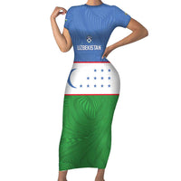 Uzbekistan Football Custom Short Sleeve Bodycon Dress Come On White Wolves Flag Style - Wonder Print Shop