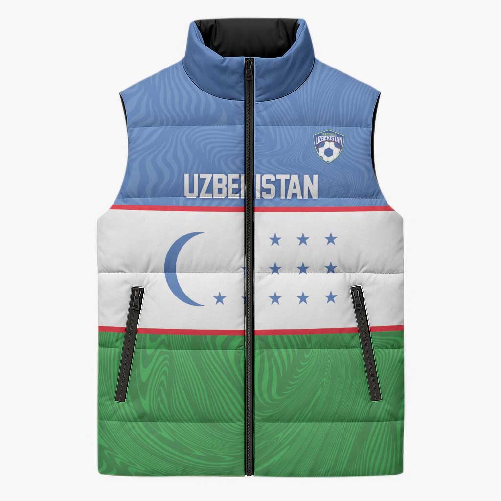 Uzbekistan Football Custom Sleeveless Puffer Jacket Come On White Wolves Flag Style - Wonder Print Shop